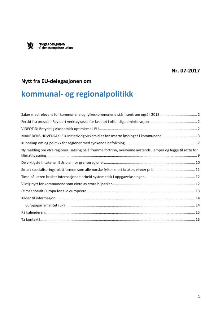 Forsiden av dokumentet Nytt fra EU-delegasjonen om kommunal- og regionalpolitikk (7/2017)