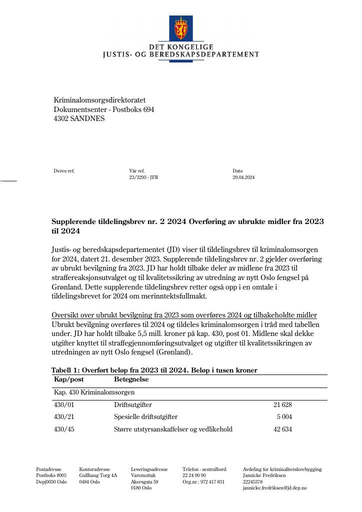 Forsiden av dokumentet Tildelingsbrev Kriminalomsorgen 2024 - tillegg nr. 2