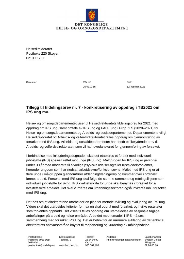 Forsiden av dokumentet Tildelingsbrev Helsedirektoratet 2021 - tillegg nr. 7