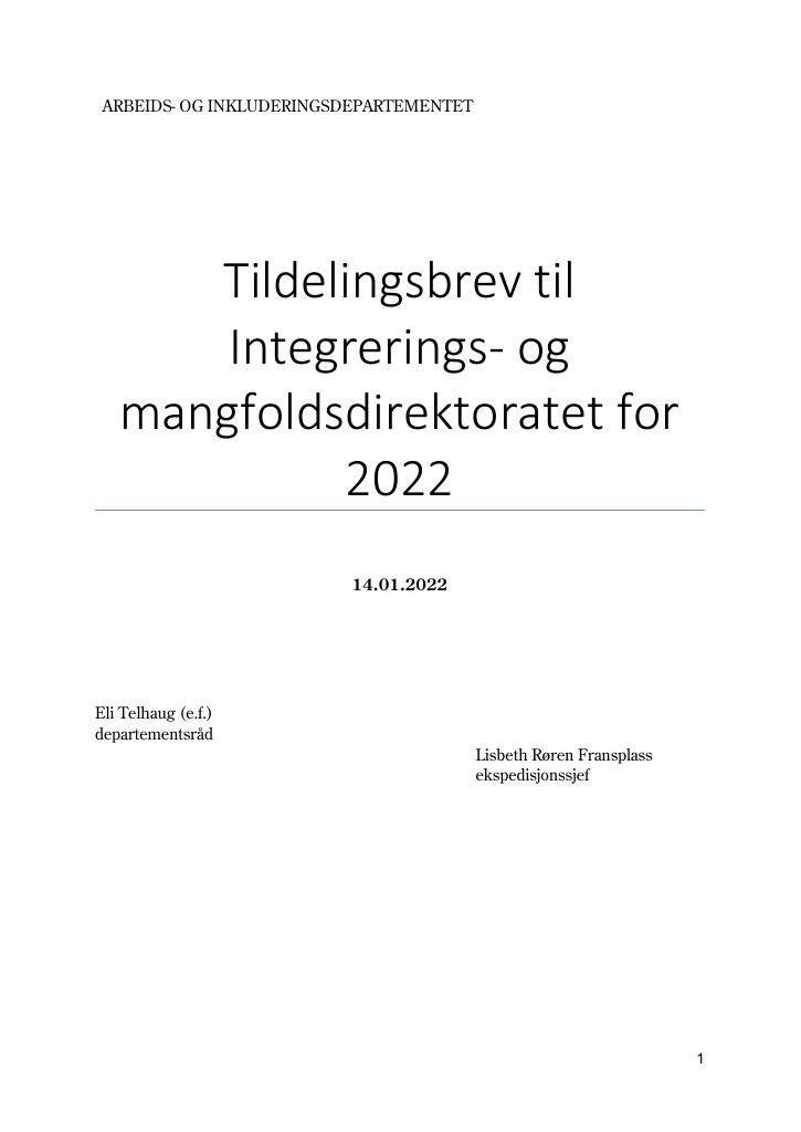 Forsiden av dokumentet Tildelingsbrev Integrerings- og mangfoldsdirektoratet 2022