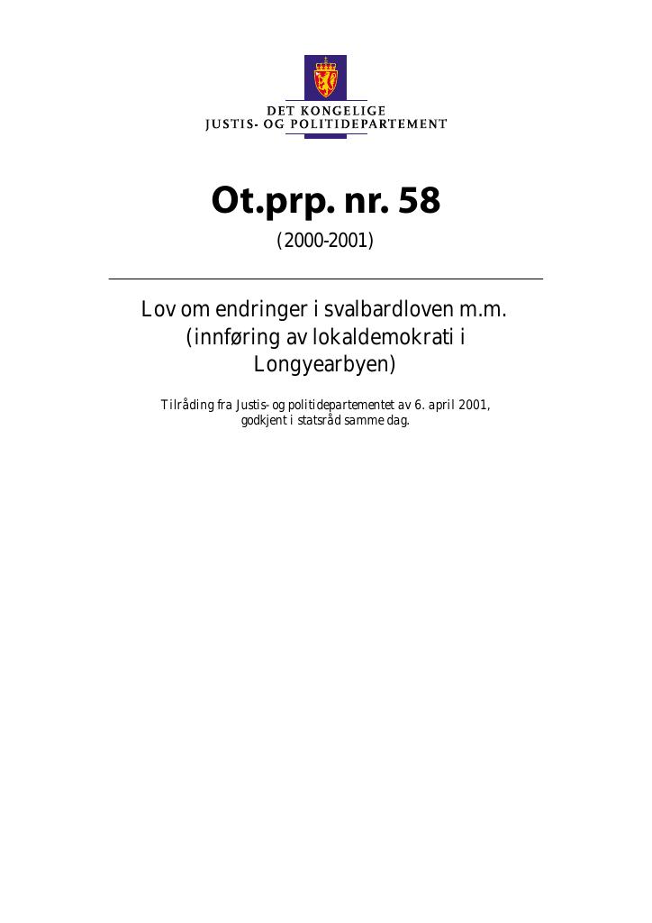 Forsiden av dokumentet Ot.prp. nr. 58 (2000-2001)