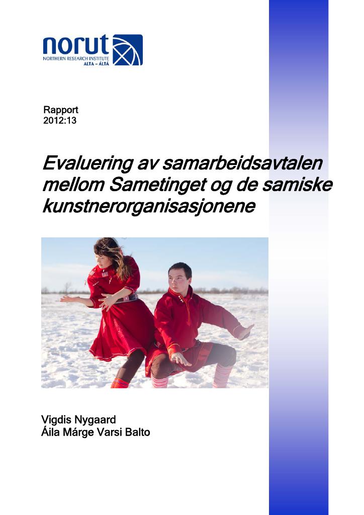 Forsiden av dokumentet Evaluering av samarbeidsavtalen mellom Sametinget og de samiske kunstnerorganisasjonene