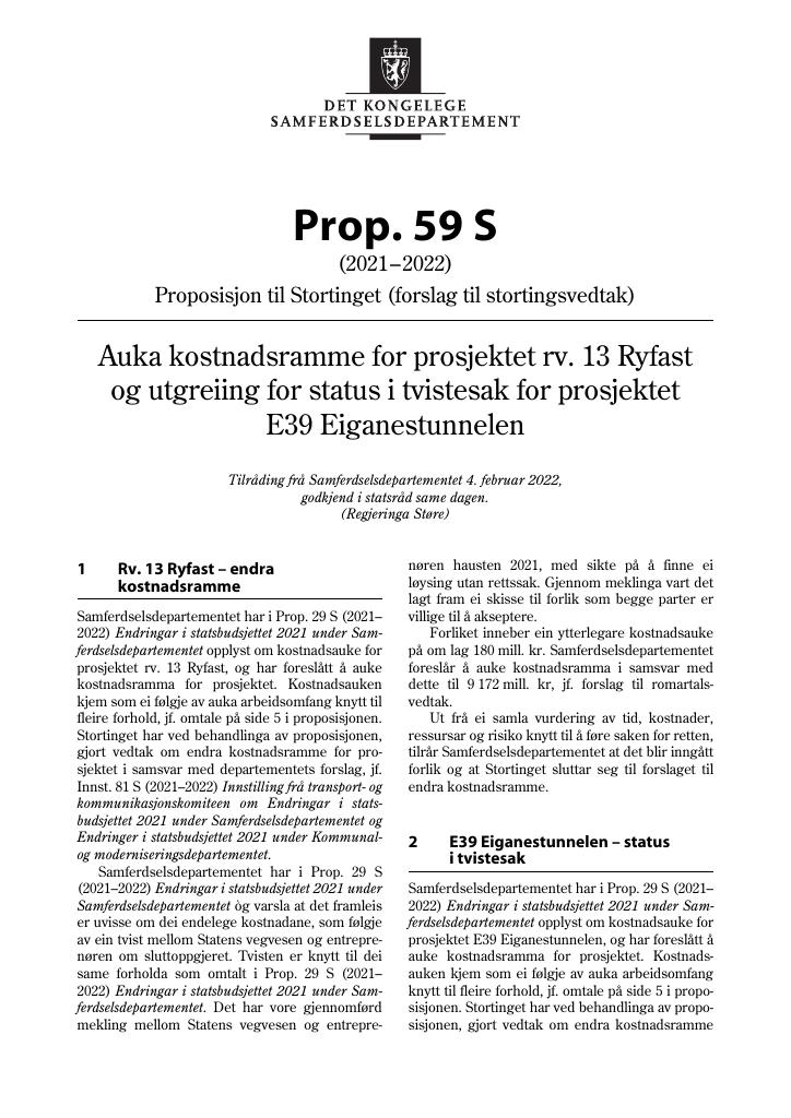 Forsiden av dokumentet Prop. 59 S (2021–2022)