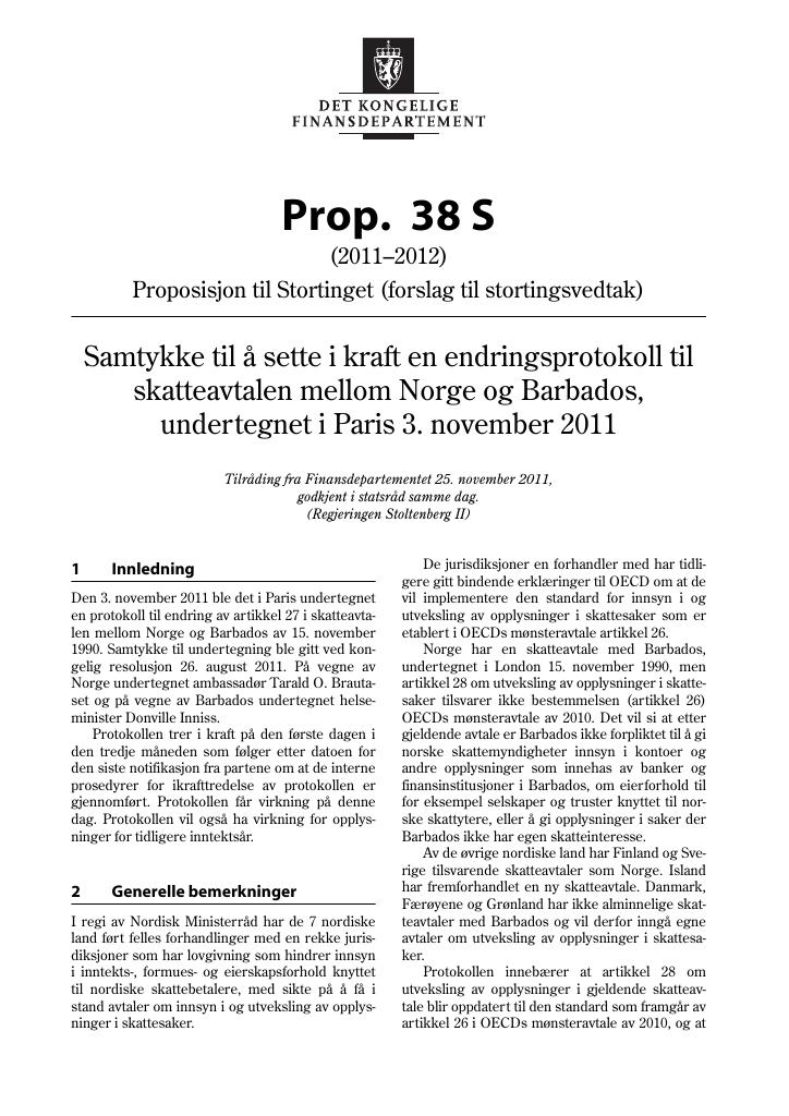 Forsiden av dokumentet Prop.  38 S (2011–2012)