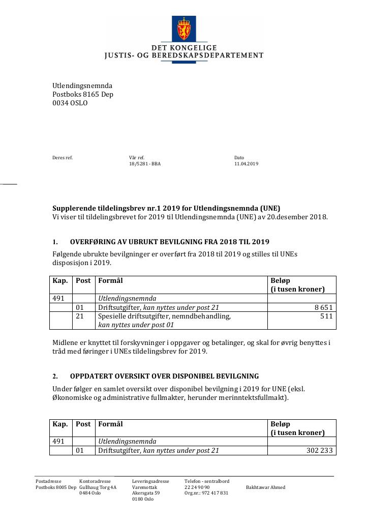 Forsiden av dokumentet Supplerende tildelingsbrev nr. 1 Utlendingsnemnda 2019