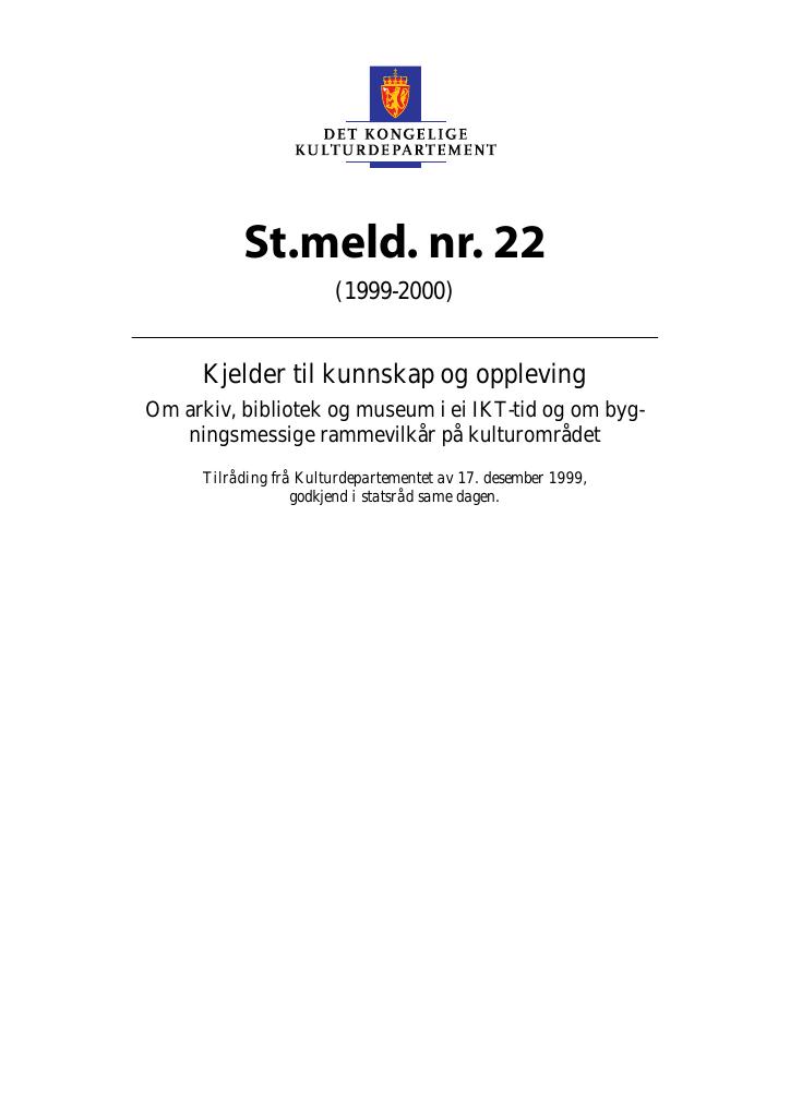 Forsiden av dokumentet St.meld. nr. 22 (1999-2000)