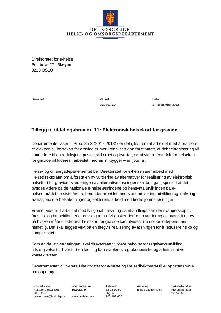 Forsiden av dokumentet Tildelingsbrev Direktoratet for e-helse 2022 - tillegg nr. 11