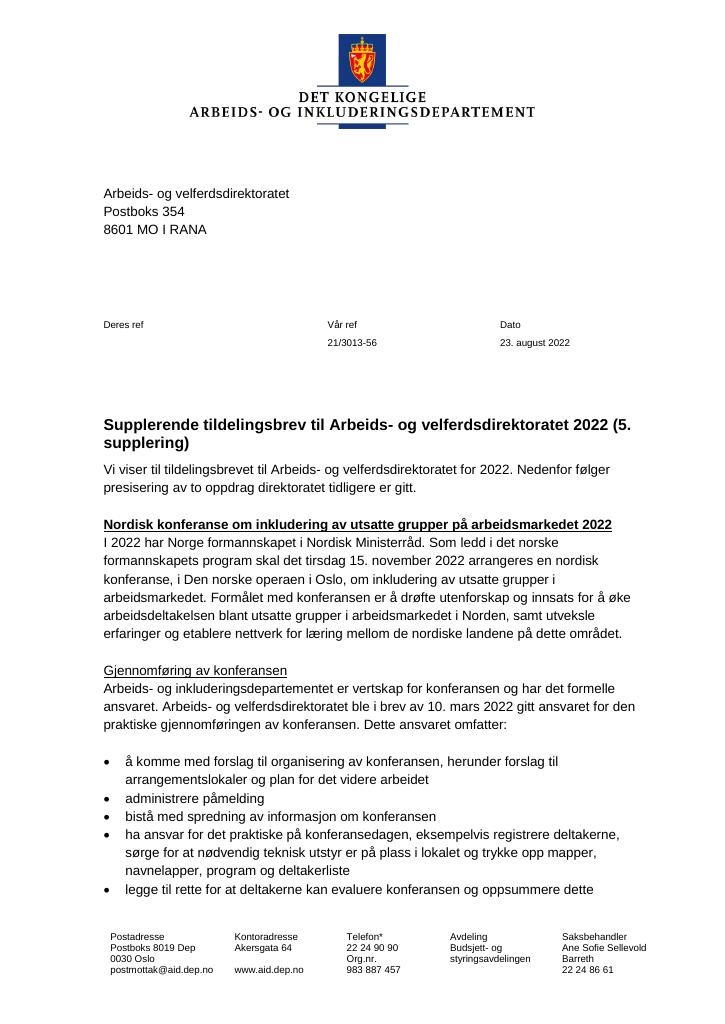 Forsiden av dokumentet Tildelingsbrev Arbeids- og velferdsdirektoratet 2022 - tillegg nr. 5