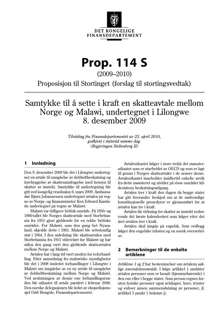 Forsiden av dokumentet Prop. 114 S (2009-2010)