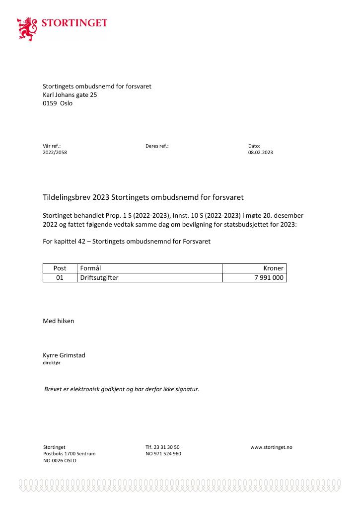 Forsiden av dokumentet Tildelingsbrev Stortingets ombudsnemd for forsvaret 2023