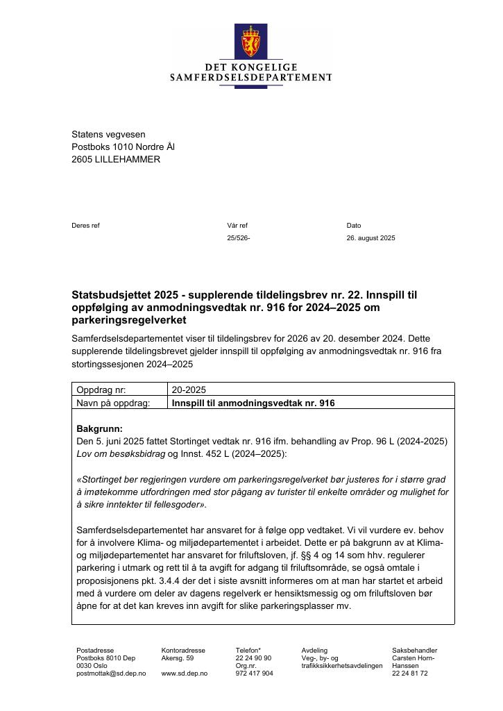 Forsiden av dokumentet Tildelingsbrev Statens vegvesen 2025 - tillegg nr. 22