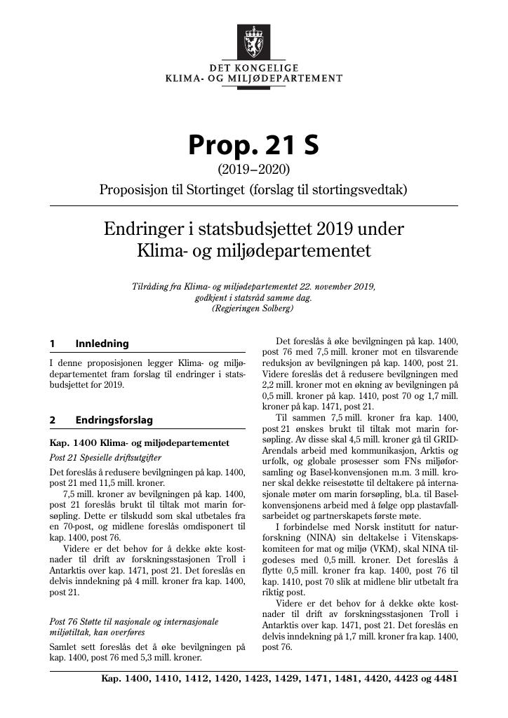 Forsiden av dokumentet Prop. 21 S (2019–2020)