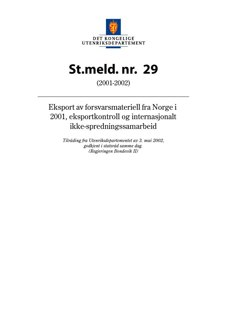 Forsiden av dokumentet St.meld. nr. 29 (2001-2002)