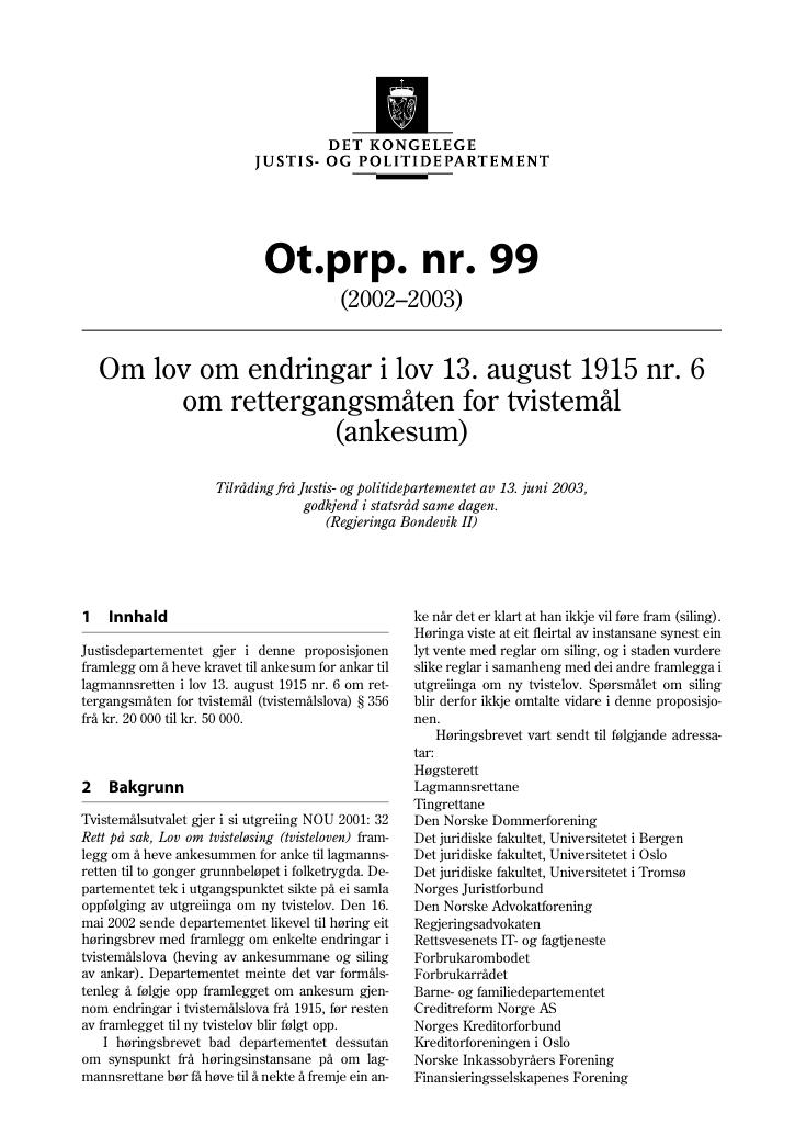 Forsiden av dokumentet Ot.prp. nr. 99 (2002-2003)