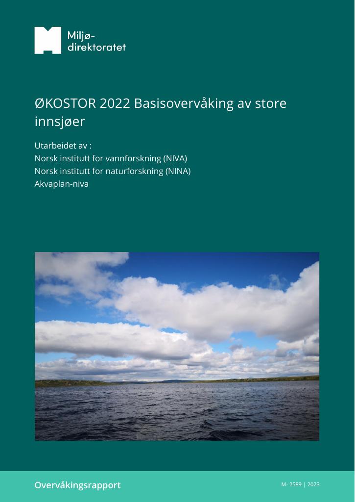 Forsiden av dokumentet ØKOSTOR 2022: Basisovervåking av store innsjøer. Utprøving av metodikk for overvåking og klassifisering av økologisk tilstand i henhold til vannforskriften : Surveillance monitoring of large Norwegian lakes. Testing of methodology for monitoring and classification of ecological status according to the Water Framework Directive