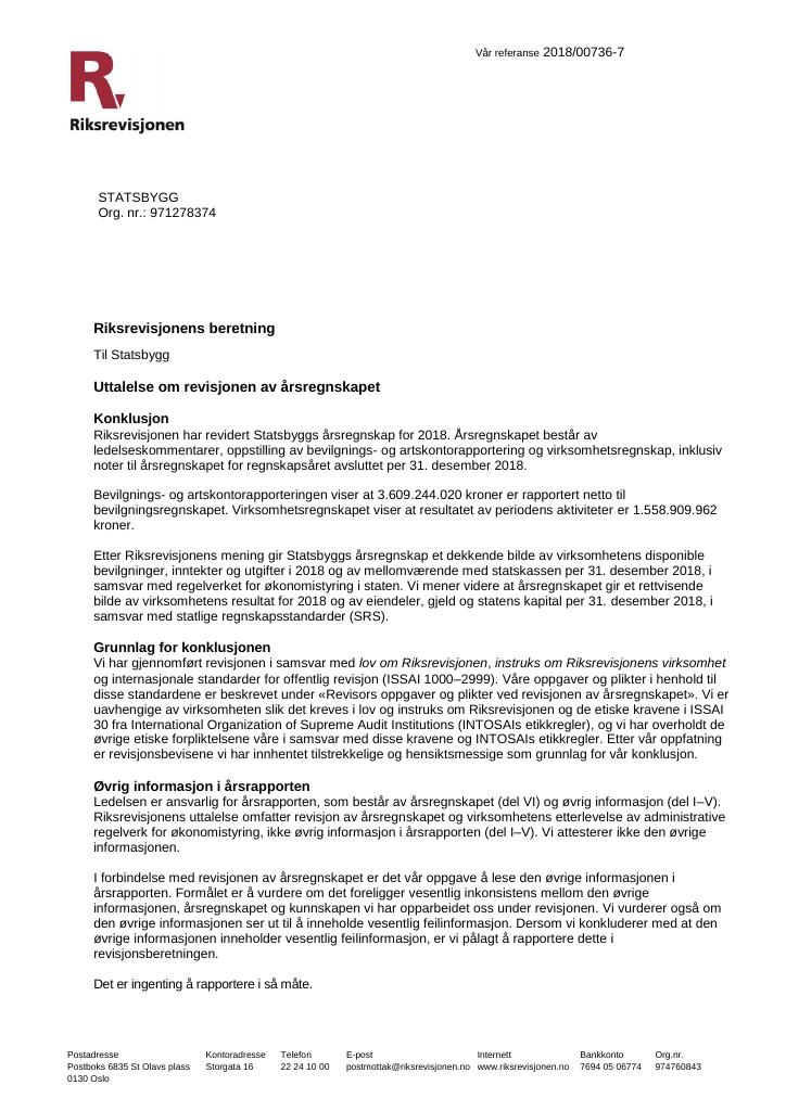 Forsiden av dokumentet Revisjonsberetning Statsbygg 2018