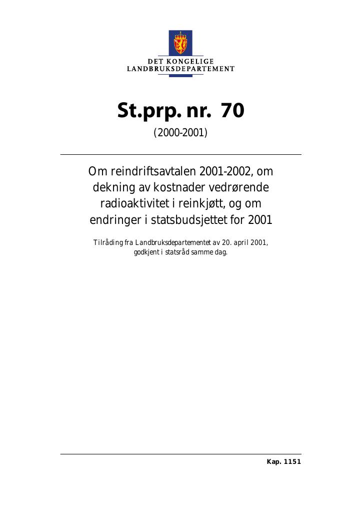 Forsiden av dokumentet St.prp. nr. 70 (2000-2001)