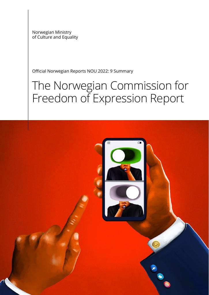 Forsiden av dokumentet NOU 2022: 9 - The Norwegian Commission for Freedom of Expression Report