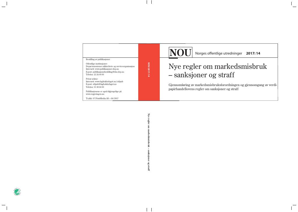 Forsiden av dokumentet NOU 2017: 14 - Nye regler om markedsmisbruk – sanksjoner og straff