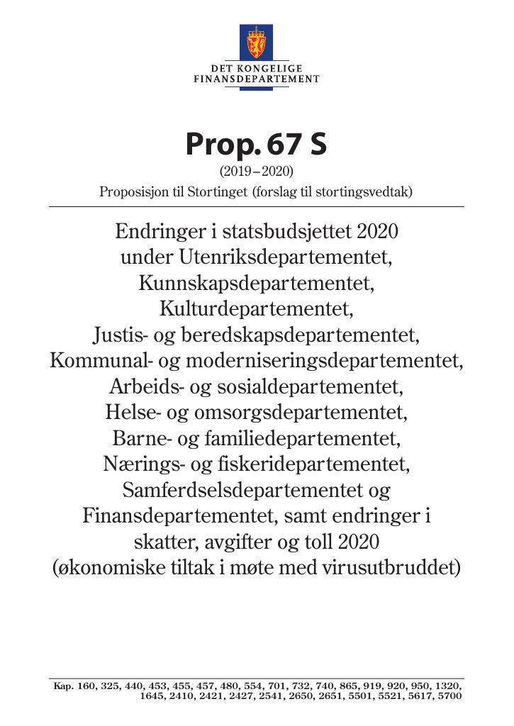 Forsiden av dokumentet Prop. 67 S (2019–2020)