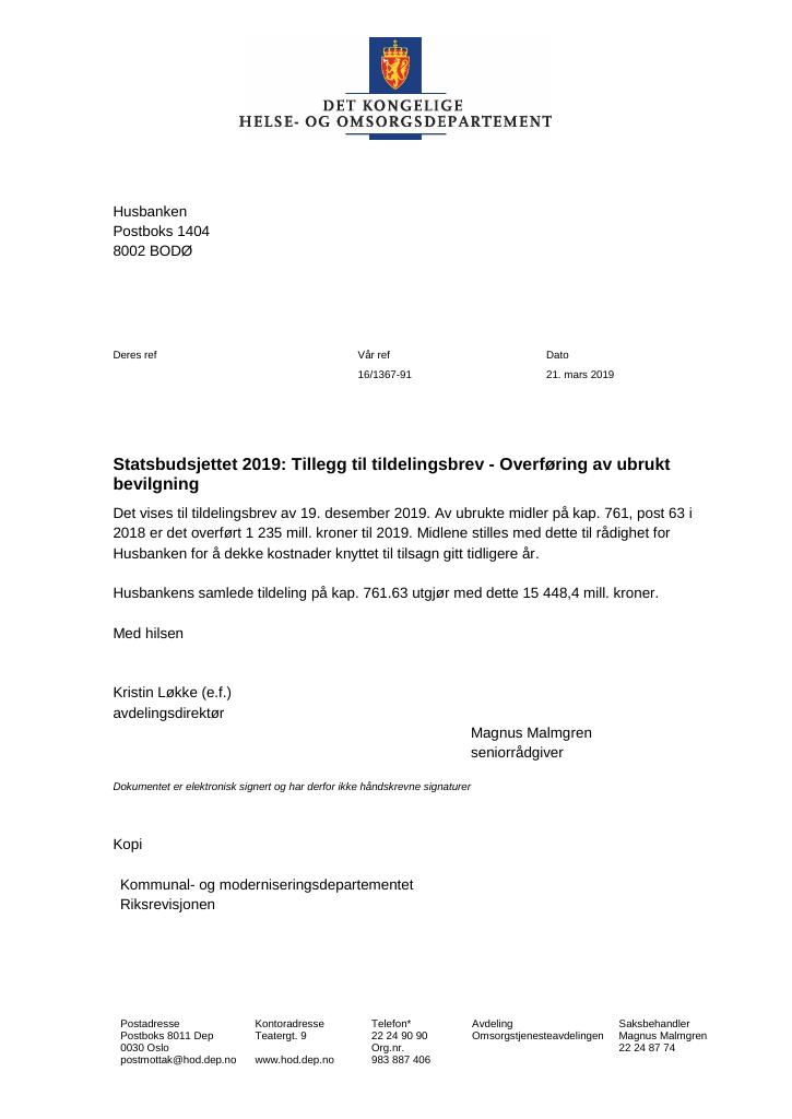 Forsiden av dokumentet Tildelingsbrev Husbanken 2019 - tillegg nr. 2