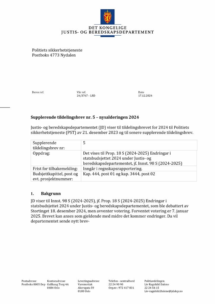 Forsiden av dokumentet Tildelingsbrev Politiets sikkerhetstjeneste 2024 - tillegg nr. 5