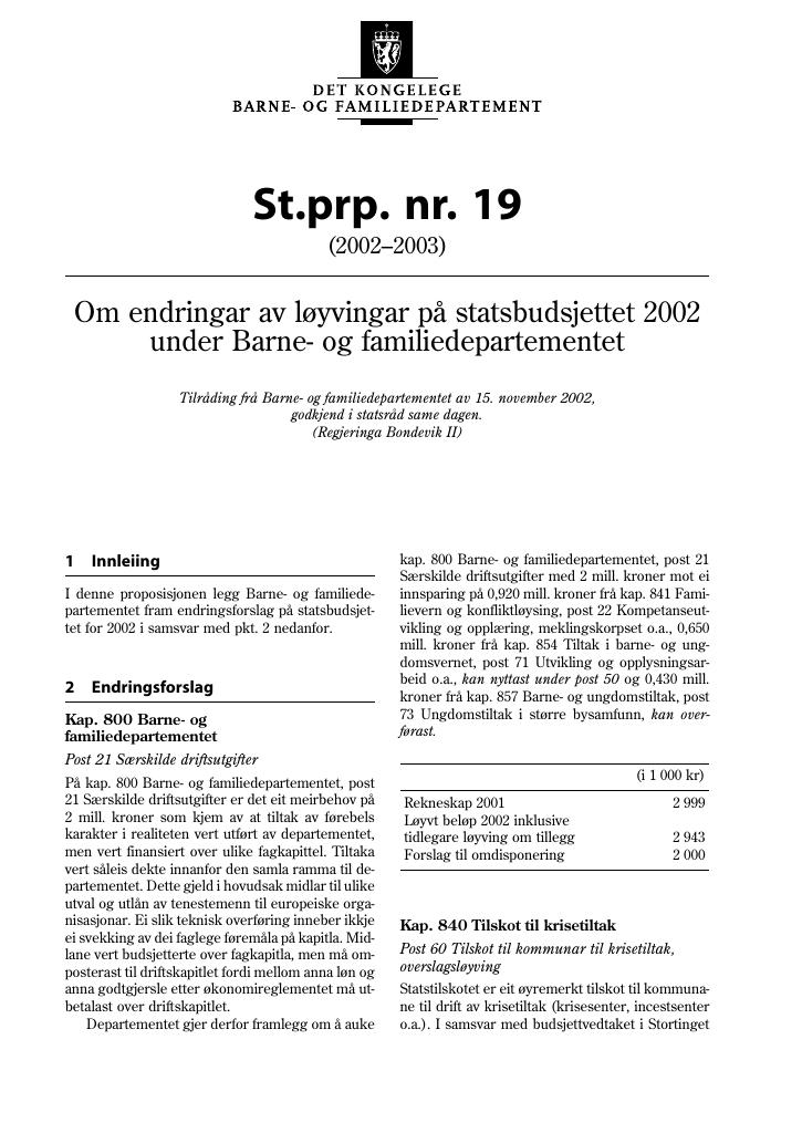 Forsiden av dokumentet St.prp. nr. 19 (2002-2003)