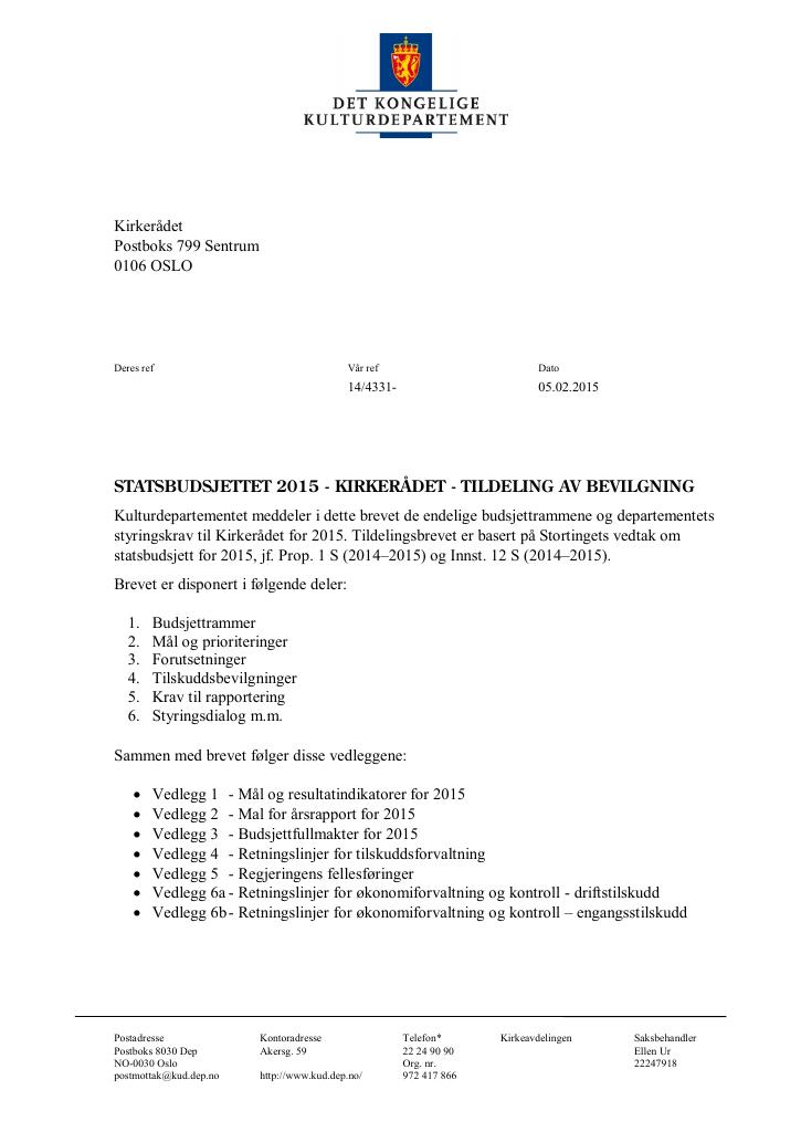 Forsiden av dokumentet Tildelingsbrev (Kirkerådet) (.pdf)