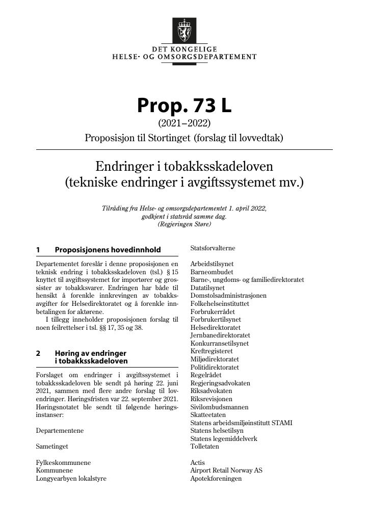 Forsiden av dokumentet Prop. 73 L (2021–2022)