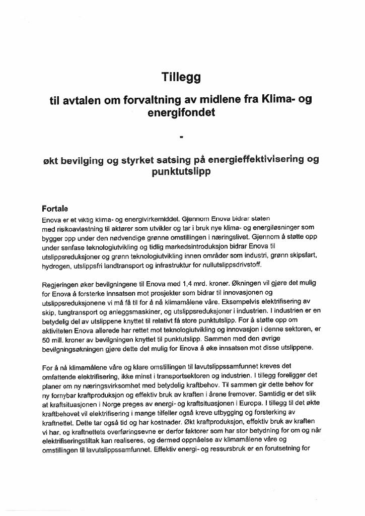 Forsiden av dokumentet Tillegg til avtalen om forvaltning av midlene  fra Klima- og energifondet