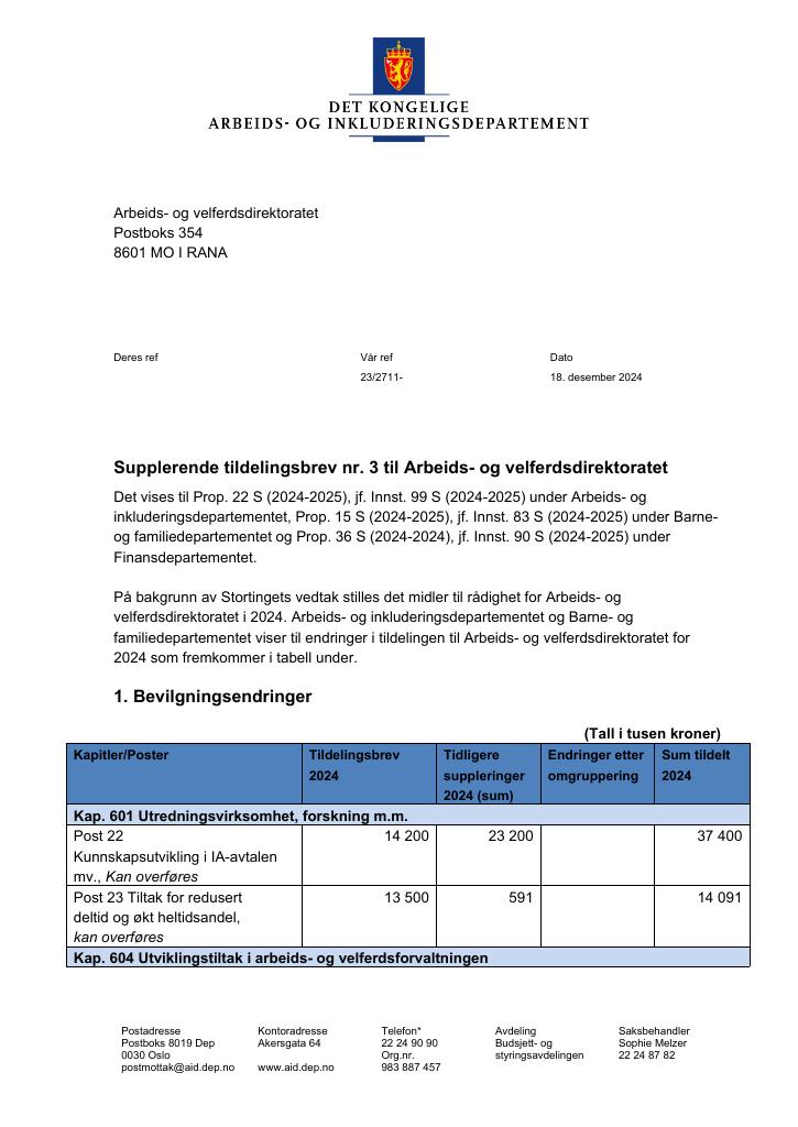 Forsiden av dokumentet Tildelingsbrev Arbeids- og velferdsdirektoratet 2024 - tillegg nr. 3