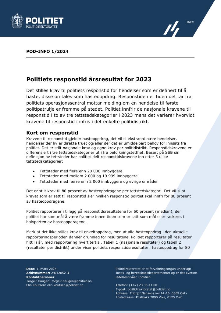 Forsiden av dokumentet Krav og resultater for politiets responstid 2023