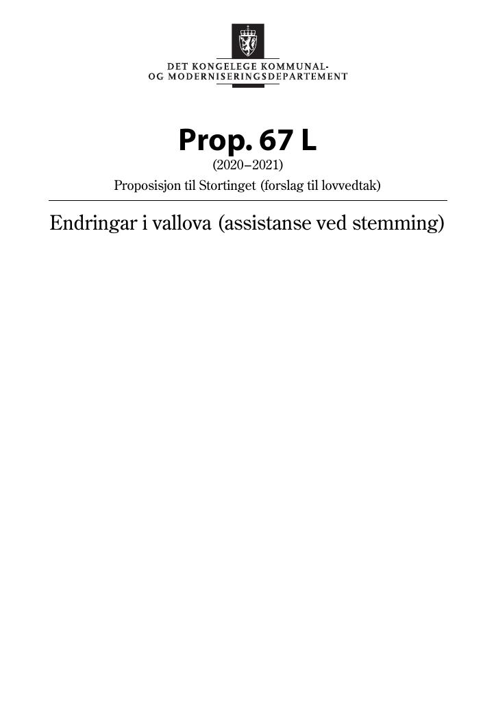 Forsiden av dokumentet Prop. 67 L (2020–2021)