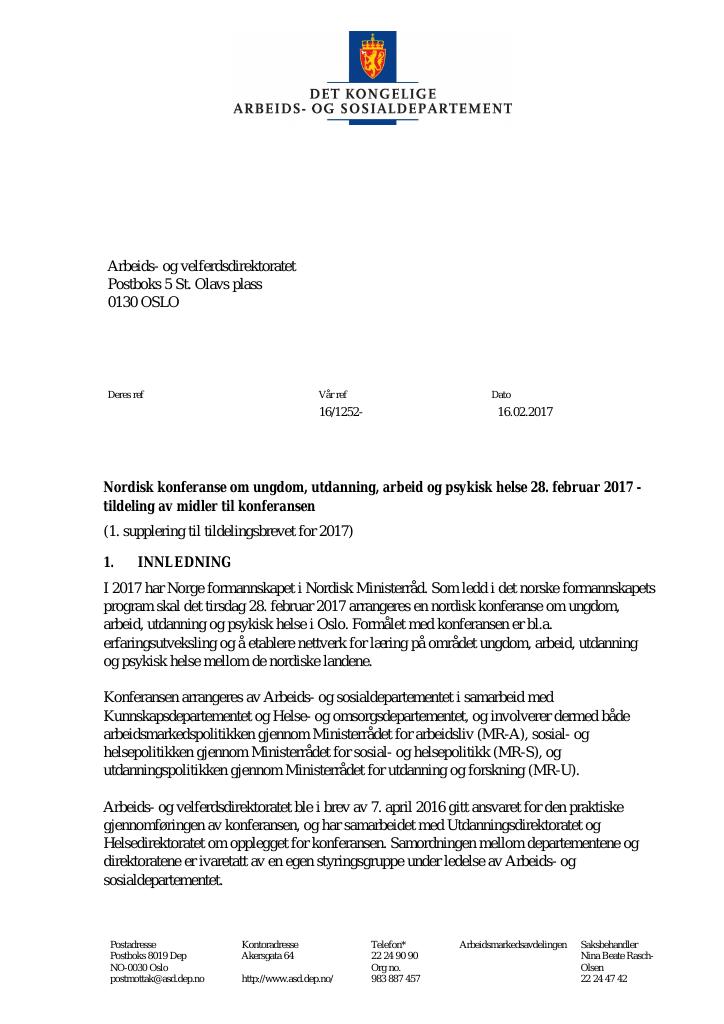 Forsiden av dokumentet supplerende tildelingsbrev nr. 1 (PDF)