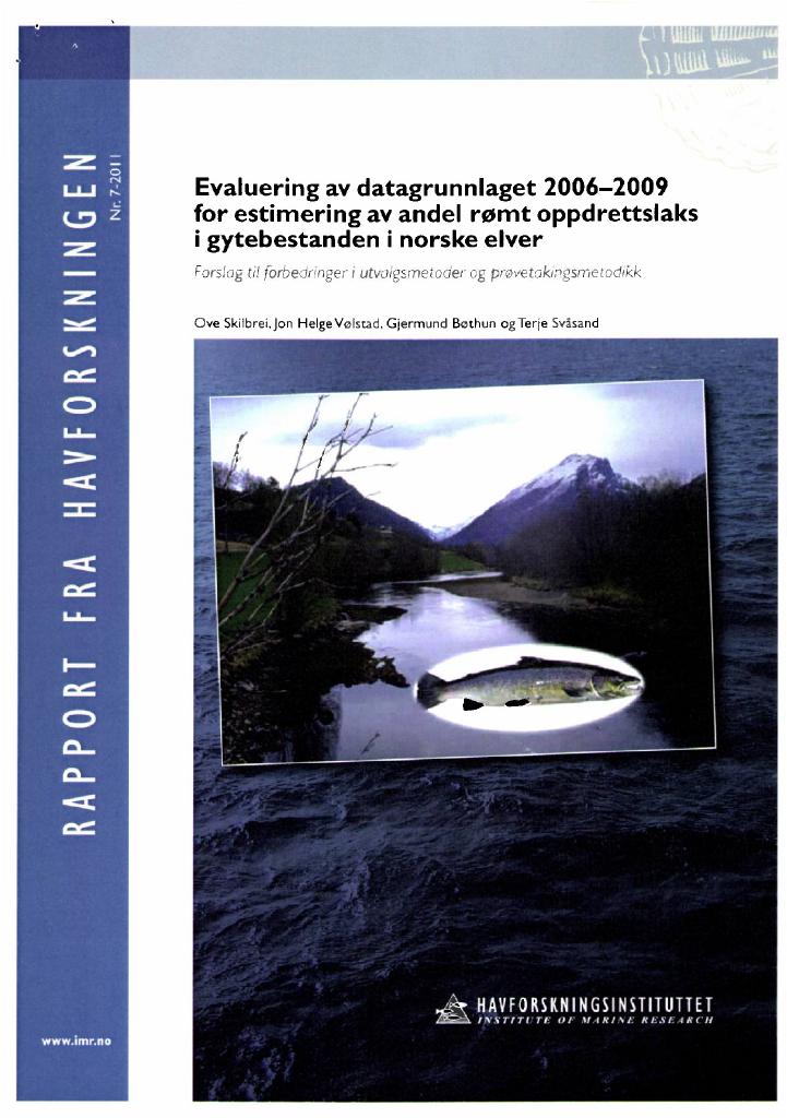 Forsiden av dokumentet Evaluering av datagrunnlaget 2006-2009 for estimering av andel rømt oppdrettslaks i gytebestanden i norske elver
