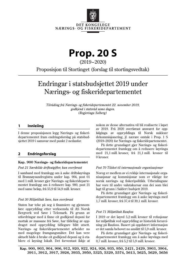 Forsiden av dokumentet Prop. 20 S (2019–2020)