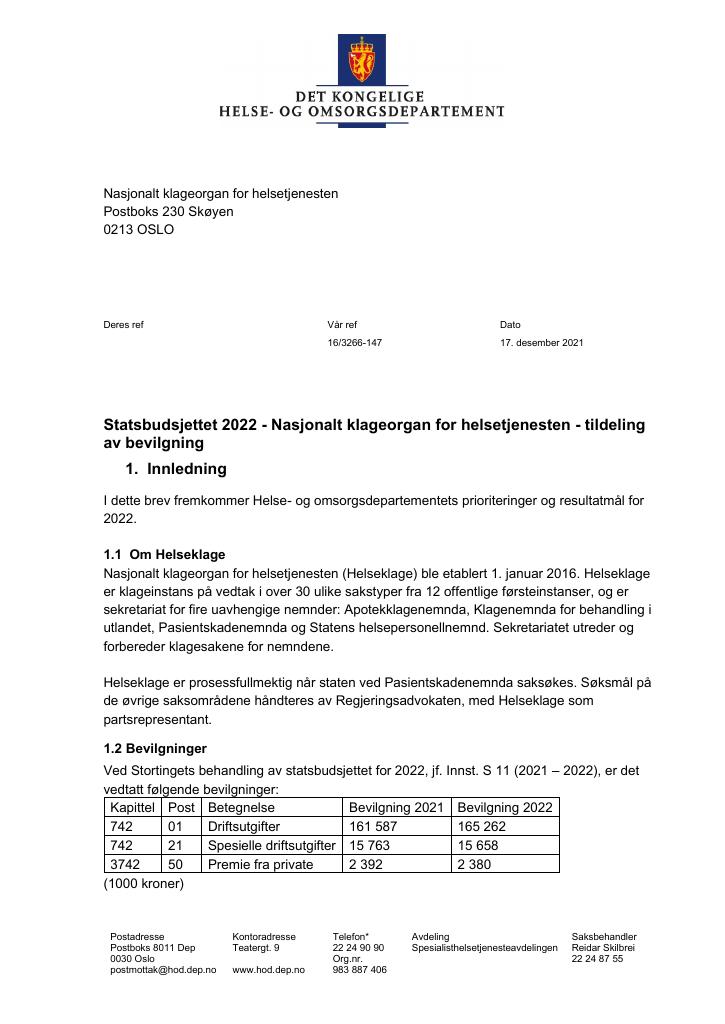 Forsiden av dokumentet Tildelingsbrev Nasjonalt klageorgan for helsetjenesten 2022