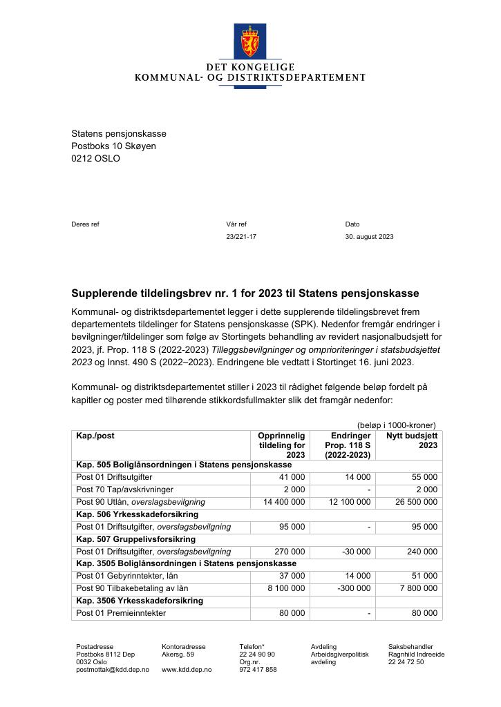 Forsiden av dokumentet Tildelingsbrev Statens Pensjonskasse 2023. - tillegg nr. 1