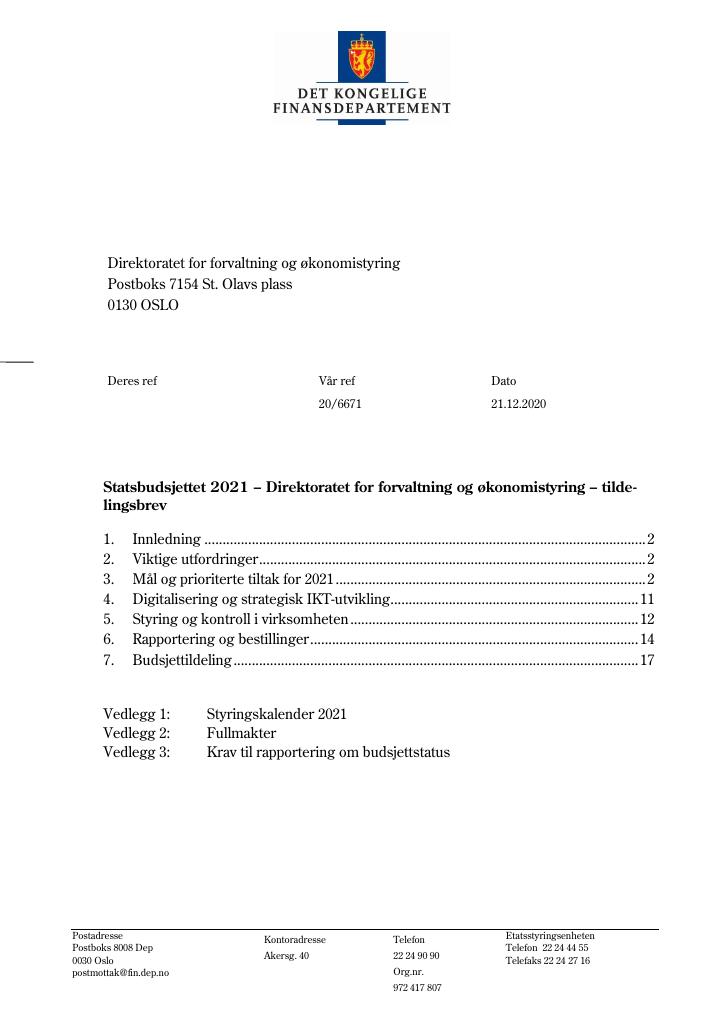 Forsiden av dokumentet Tildelingsbrev DFØ 2021