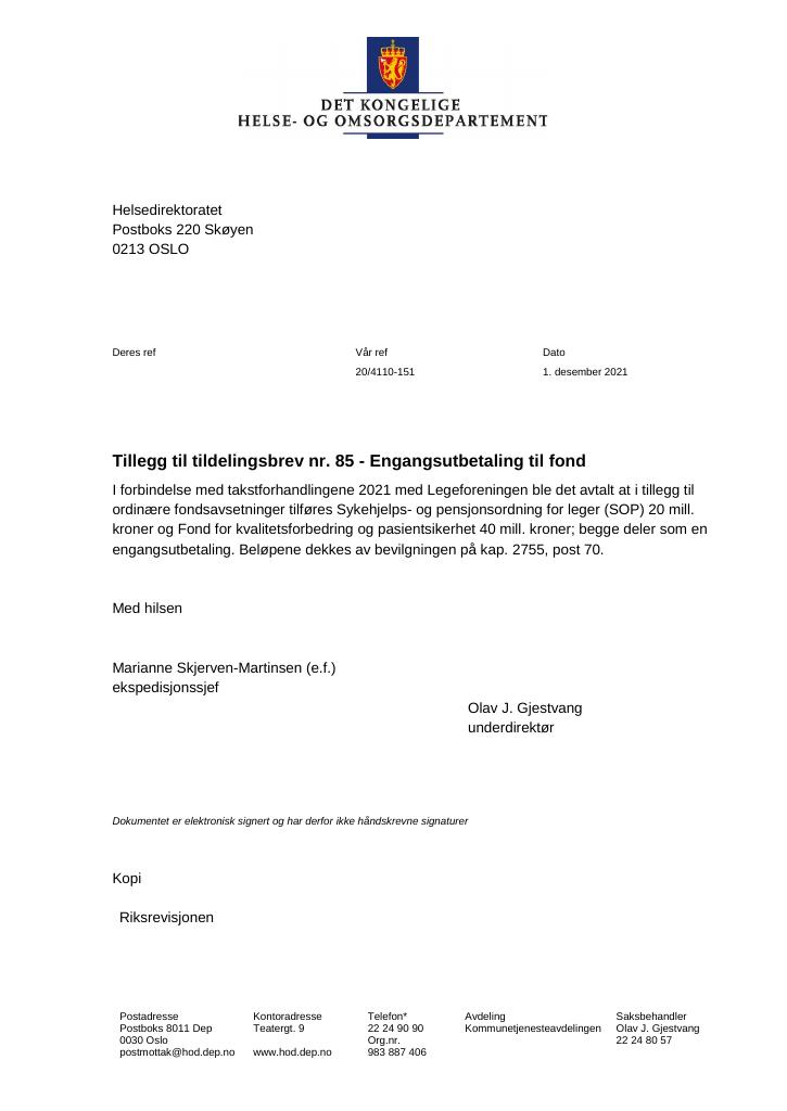 Forsiden av dokumentet Tildelingsbrev Helsedirektoratet 2021 - tillegg nr. 85
