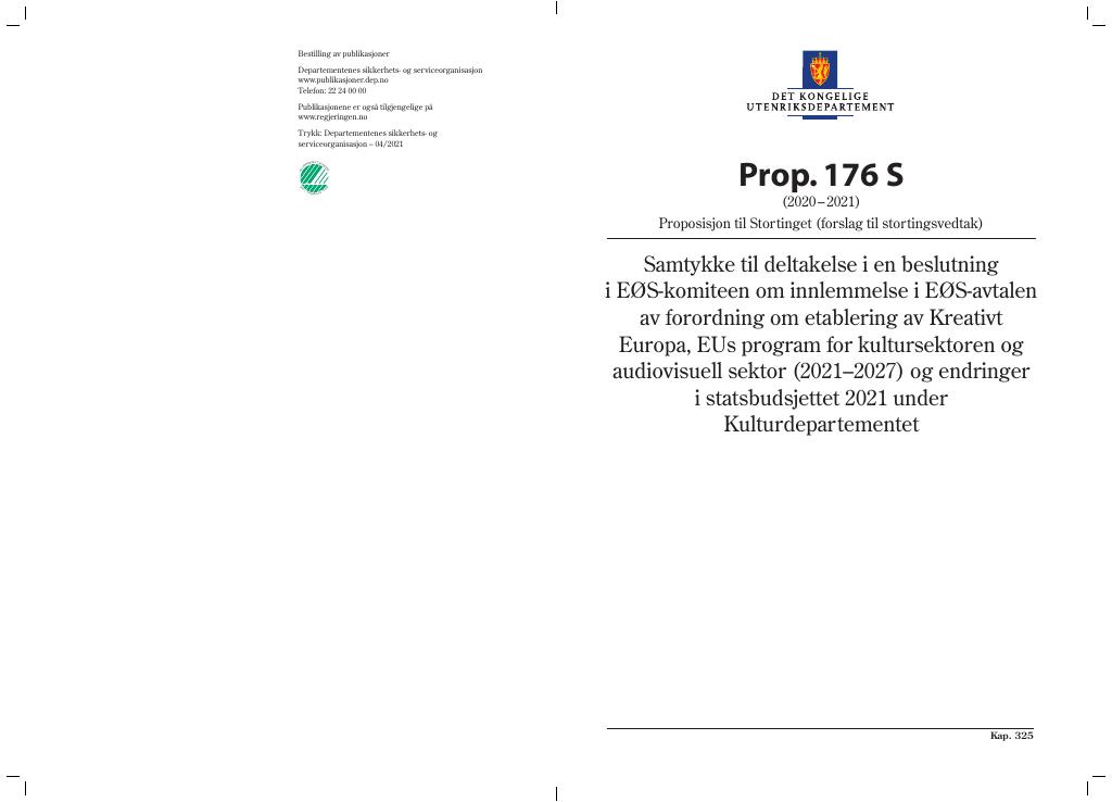 Forsiden av dokumentet Prop. 176 S (2020–2021)