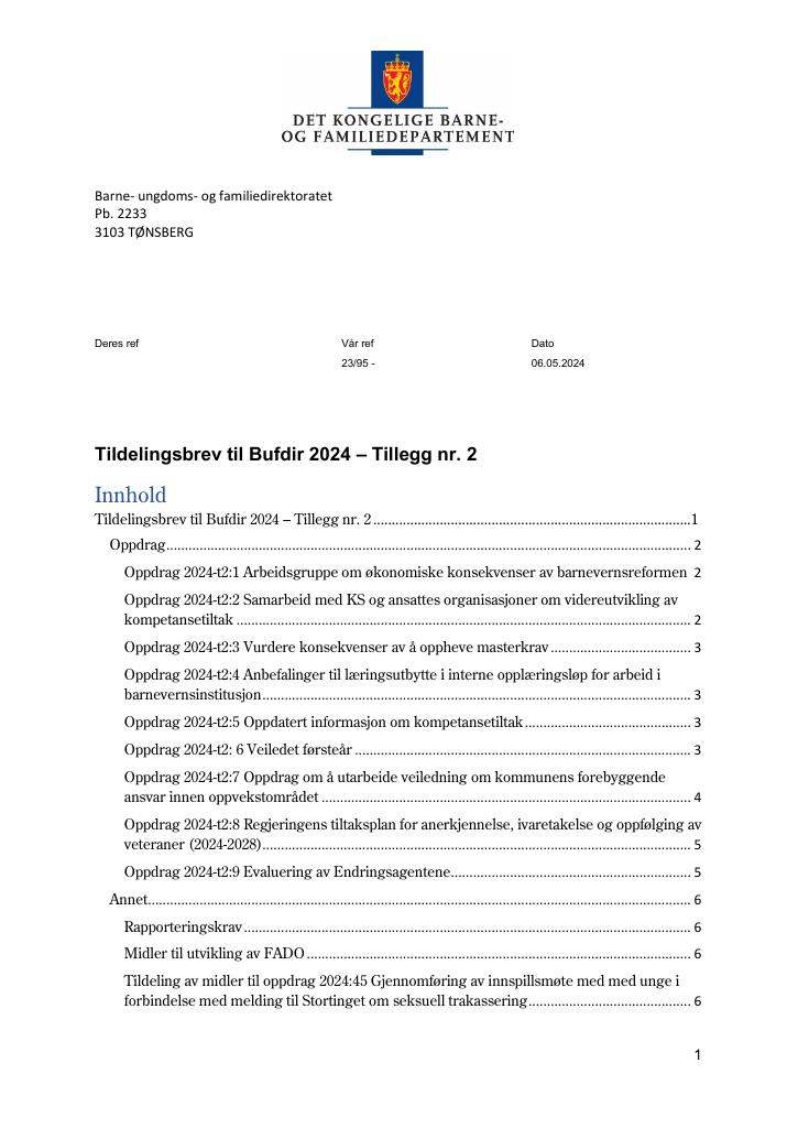 Forsiden av dokumentet Tildelingsbrev til Bufdir 2024 – Tillegg nr. 2