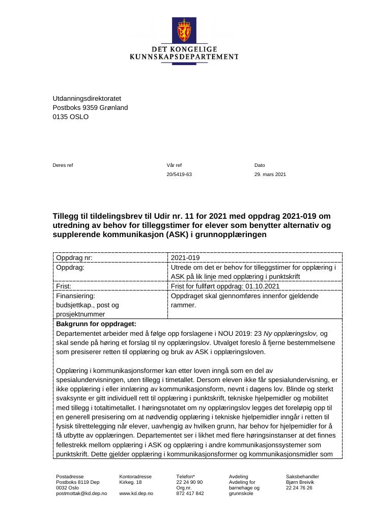 Forsiden av dokumentet Tillegg nr.11 til tildelingsbrev 2021