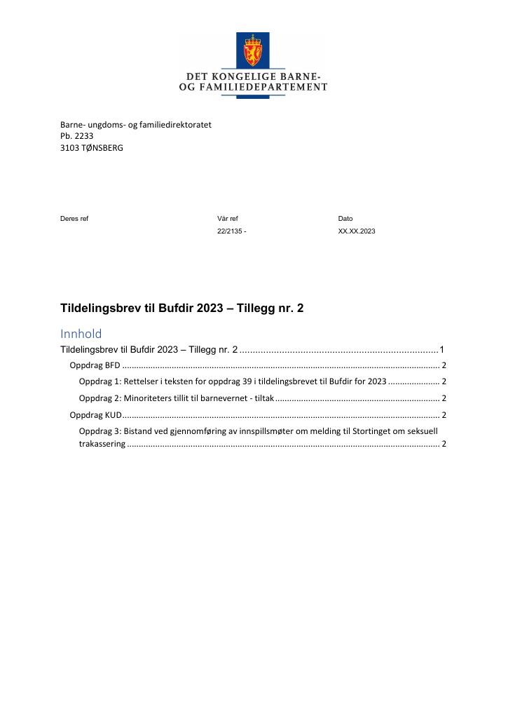 Forsiden av dokumentet Tildelingsbrev Bufdir 2023 - tillegg nr. 2