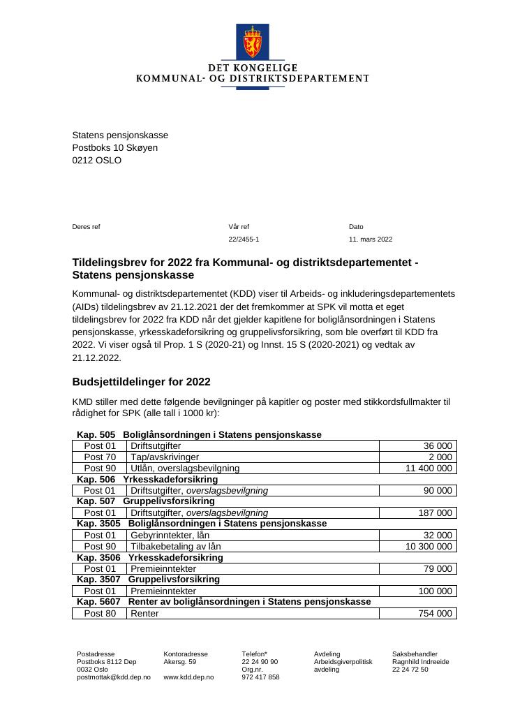 Forsiden av dokumentet Tildelingsbrev Statens Pensjonskasse 2022.