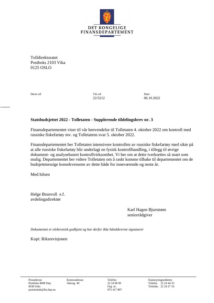 Forsiden av dokumentet Tildelingsbrev Tolletaten 2022 - tillegg nr. 3