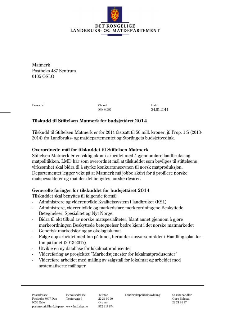 Forsiden av dokumentet Tilskudd til Stiftelsen Matmerk 2014