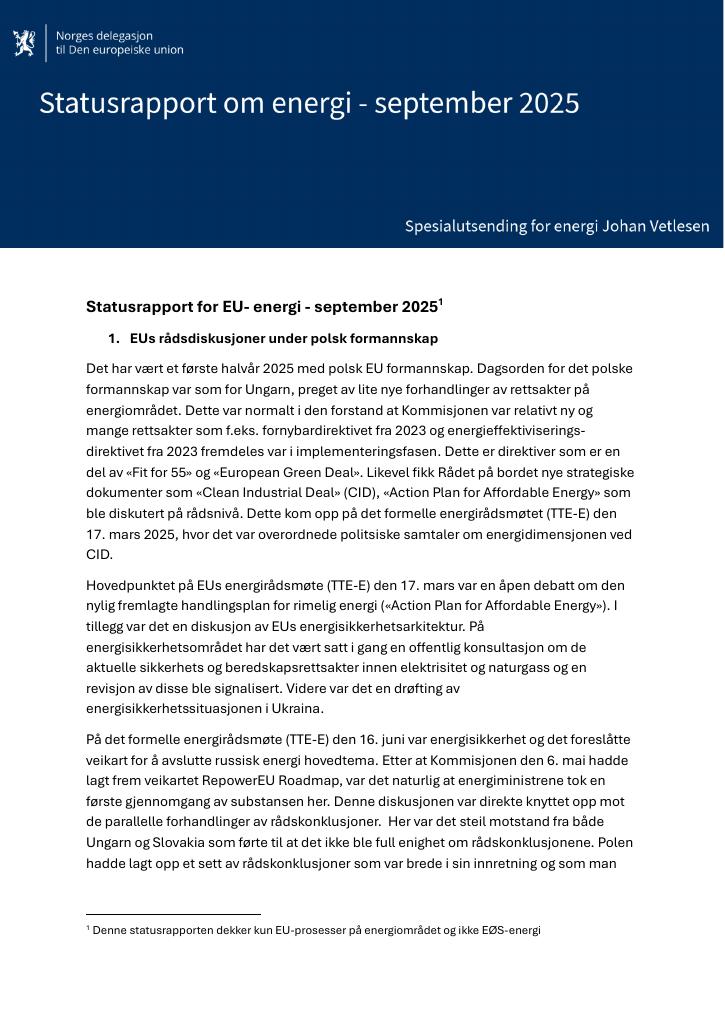 Forsiden av dokumentet Statusrapport for EU-energi - september 2025