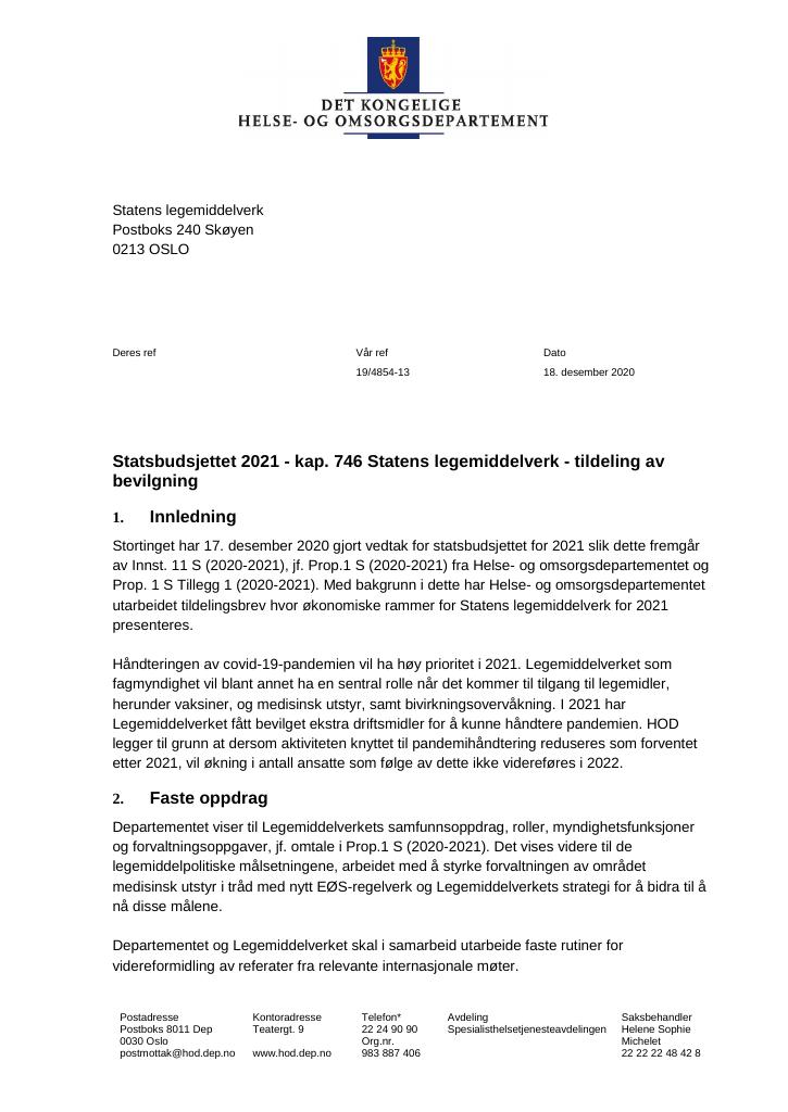 Forsiden av dokumentet Tildelingsbrev Statens legemiddelverk 2021