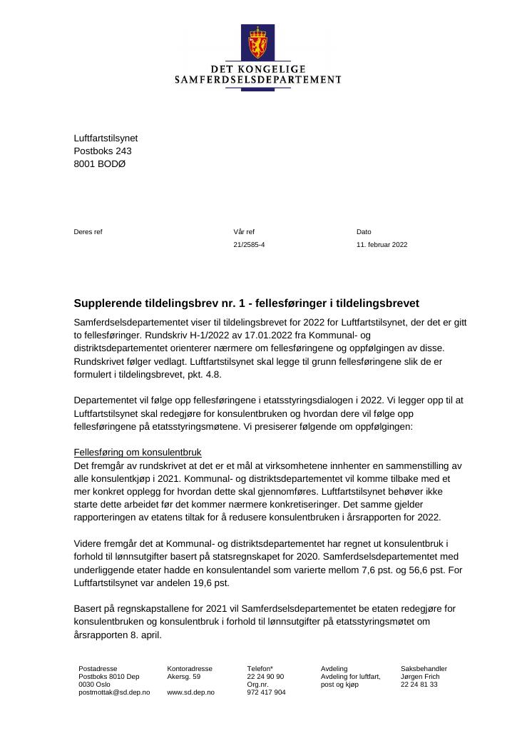 Forsiden av dokumentet Tildelingsbrev Luftfartstilsynet 2022 - tillegg nr. 1